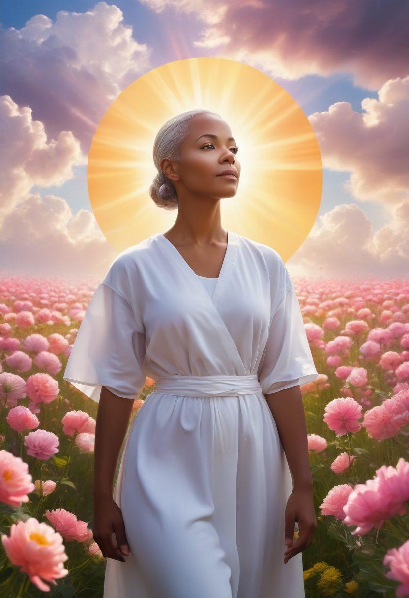 A strong and resilient cancer survivor standing confidently in a field of blooming flowers, symbolizing hope and renewal. Surrounding them are soft, glowing orbs representing various resources and support, such as medical aid and community initiatives. The background includes gentle sun rays breaking through clouds, signifying positivity and healing. The color palette is warm and inviting, evoking feelings of empowerment and serenity. super-realistic. vibrant colors. soft focus.
