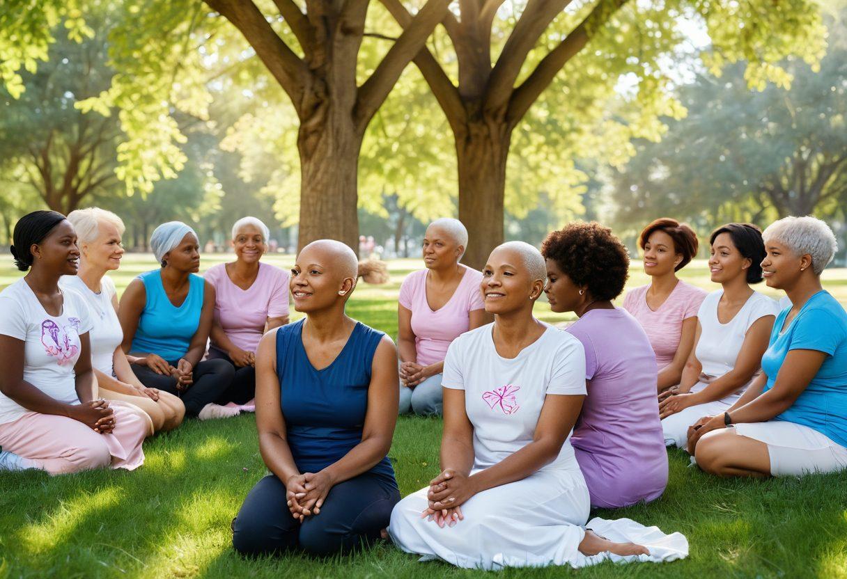 A serene and informative scene featuring a diverse group of cancer survivors sharing their stories in a sunlit park. There should be signs of various cancer awareness ribbons subtly in the background. Include empowering symbols like a butterfly and small plants growing around them, representing growth and hope. The atmosphere should feel inspiring and supportive, reflecting themes of advocacy and empowerment. vibrant colors. realistic style.