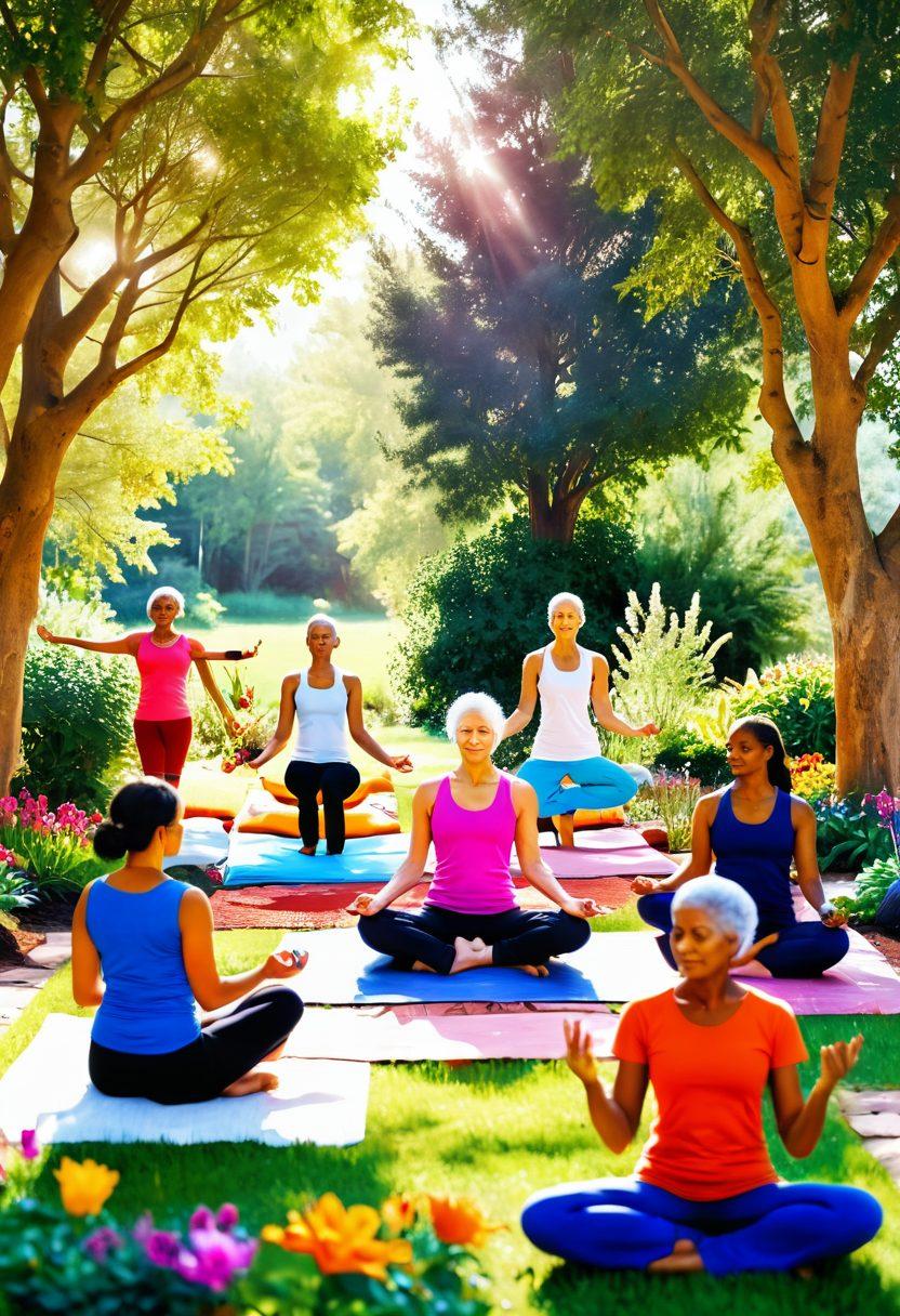 A serene landscape depicting a diverse group of cancer survivors engaging in holistic therapies like yoga, meditation, and gardening. Background elements include vibrant flowers symbolizing rebirth and strength, with soft, warm sunlight filtering through lush trees, creating a sense of peace. Incorporate symbols of health such as healing herbs and crystals among the participants. The image should evoke empowerment and community support. super-realistic. vibrant colors. soft focus.